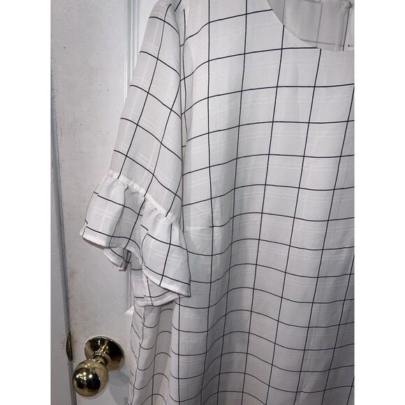 LOFT Ann Taylor Plus Blouse Womens Sz 16 Windowpane Ivory Flare Ruffle Sleeve - Picture 2 of 8
